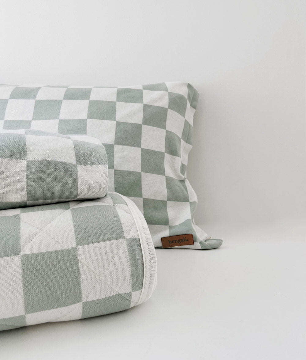 Bengali Bedding | Fitted Jersey Cotton Sheet - Sage Gingham