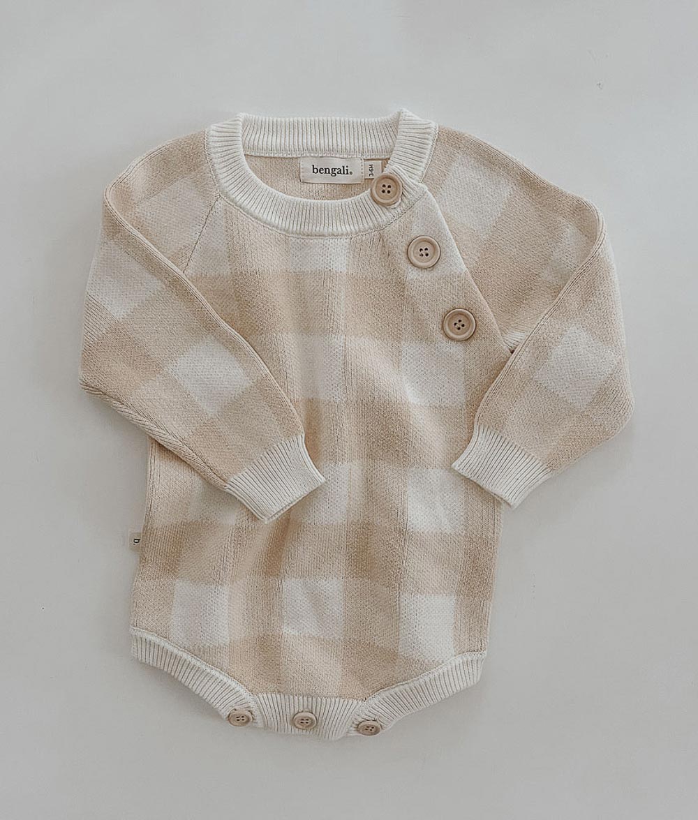 Bengali Baby | Knitwear Romper - Gingham Tan