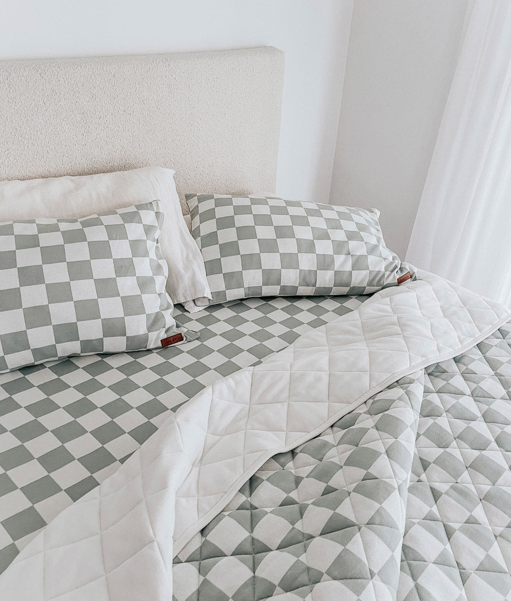 Bengali Bedding | Fitted Jersey Cotton Sheet - Sage Gingham